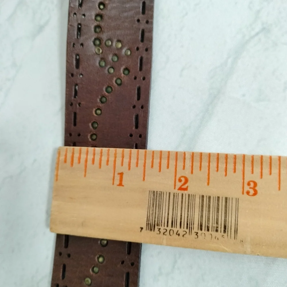 Unisex Brown Leather Belt Embossed Brass Brads Buckle Diecut Western Retro